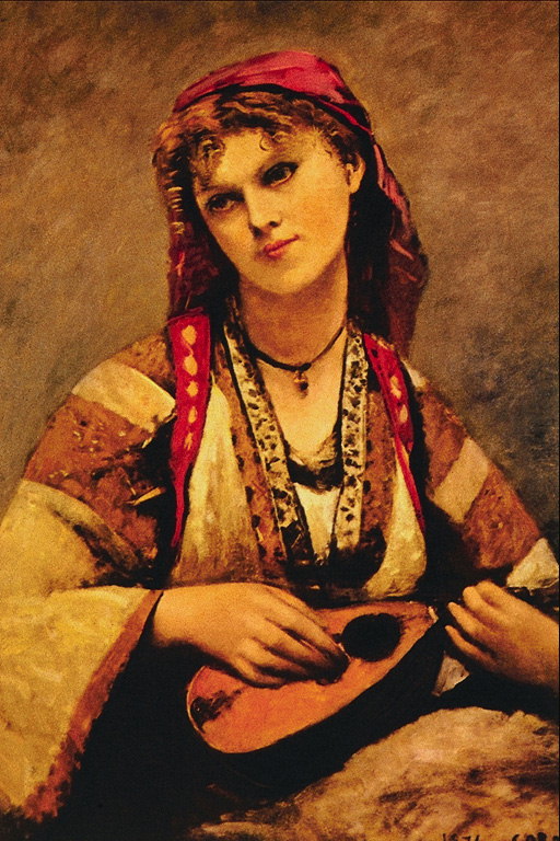 महिला राष्ट्रीय पोशाक में हाथ में एक संगीत वाद्य के साथ