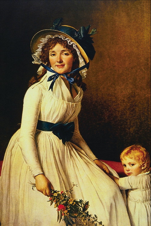 Una donna in un cappello con un nastro blu e un mazzo di fiori. La bambina con i capelli biondi