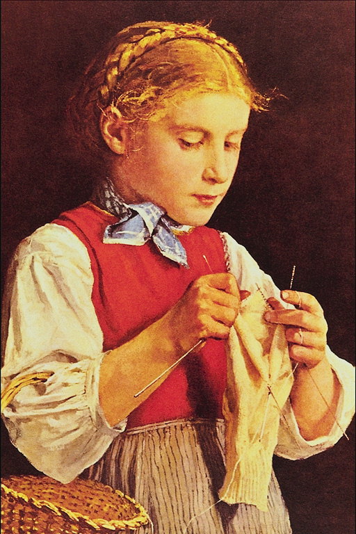 Girl với một slash, với một màu xanh khăn của mình xung quanh cổ. Knitting trên bán kính