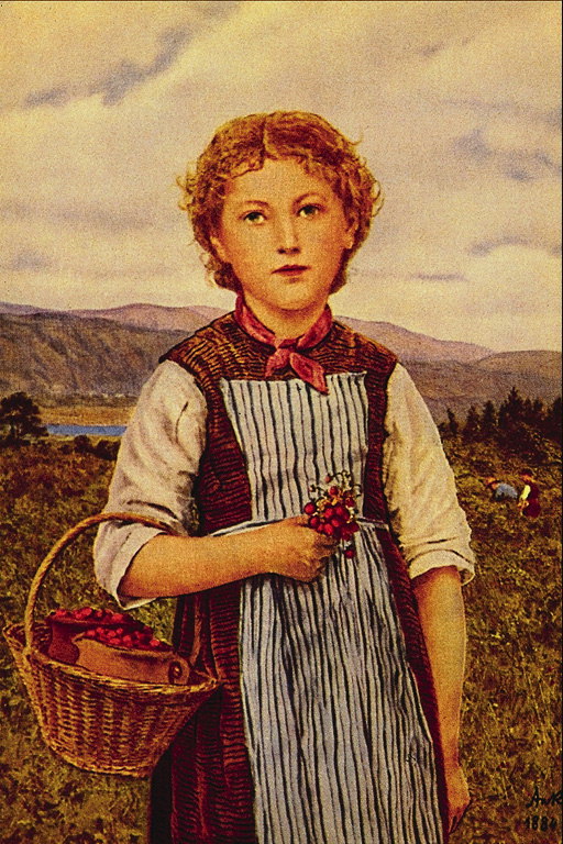 लड़की स्ट्रॉबेरी की एक टोकरी और साथ