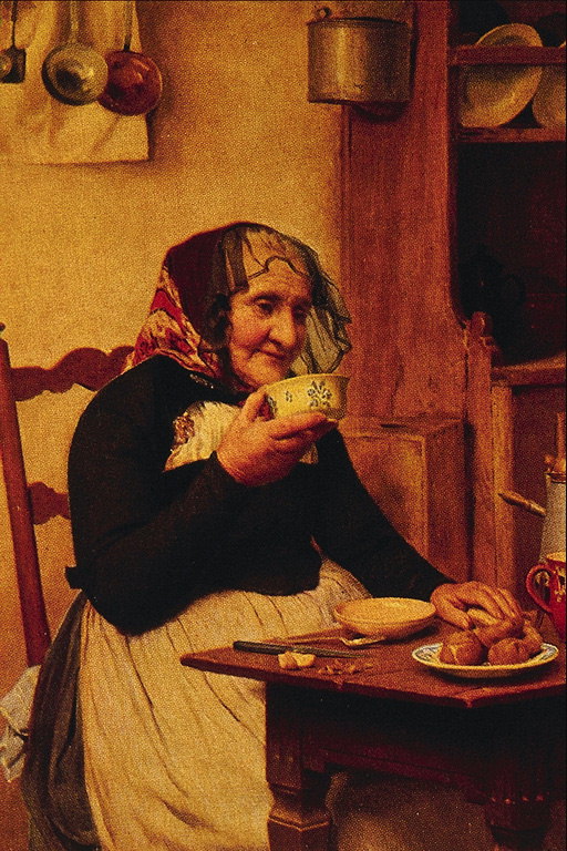 Gammel dame drikker te med bakverk