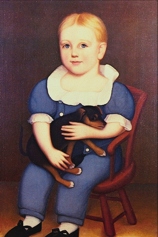 A girl in a blue suit with a puppy in her arms