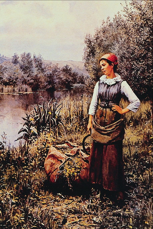 האישה לעבר הנהר עם מגל בידיהם