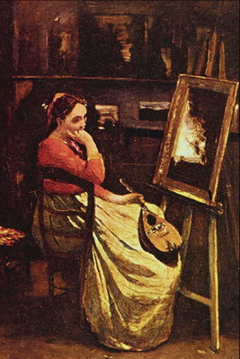 Женщина с музыкальным инструментом возле картины