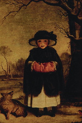 Een meisje in een zwarte mantel en een hoed. Pink koppelingspedaal