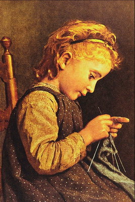 白豆の茶色の服の女の子。 グレーの糸で編み物