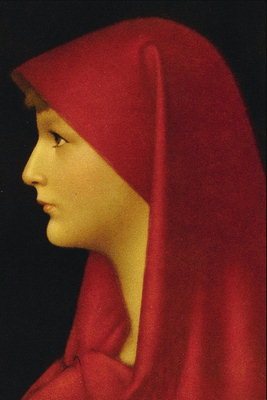 En flicka i en röd cape på huvudet