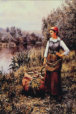 De vrouw aan de rivier met een sikkel in hun handen