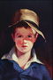 Chlapec v tmavě modré sako ze staré slámy klobouk