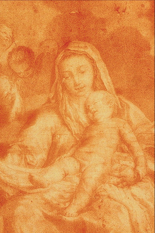 A woman with a baby. The painting in shades of orange
