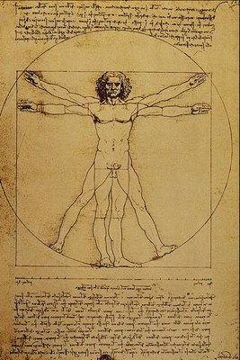Lukisan oleh Leonardo da Vinci. Yang benar proporsi tubuh manusia