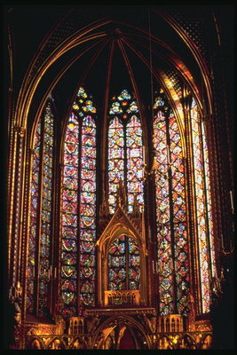Stained-glass windows. Figures in red colors