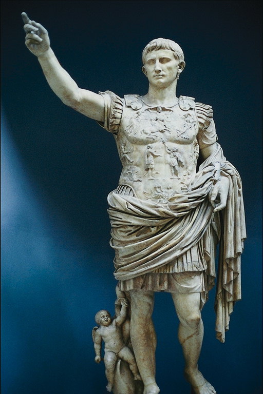 Julius Cæsar i militær beklædning med englen ved foden af