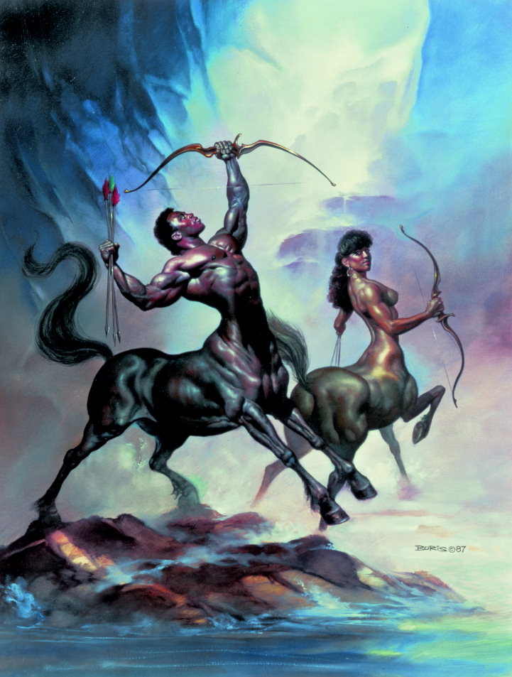 Mannlige og kvinnelige centaur med bue i sine hender