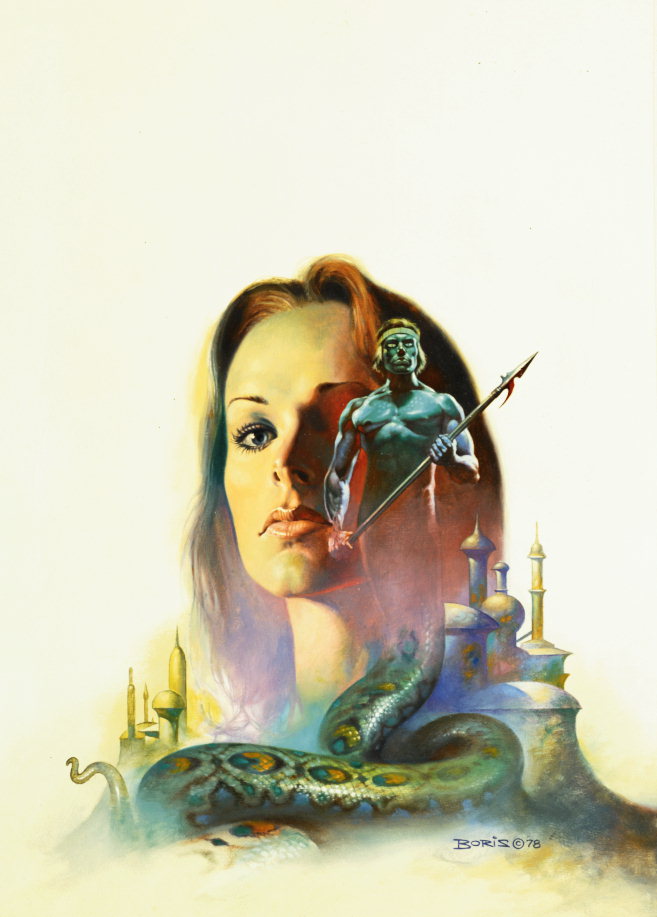 Man-Schlange mit einem Speer in der Hand vor dem Hintergrund der weiblichen Porträt