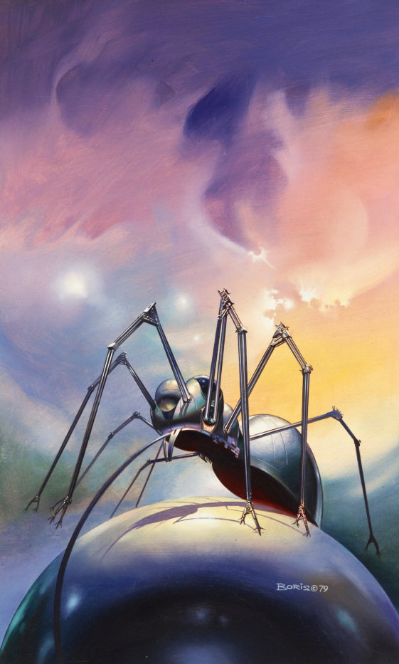 Metal spider on the ball against the backdrop of pink clouds
