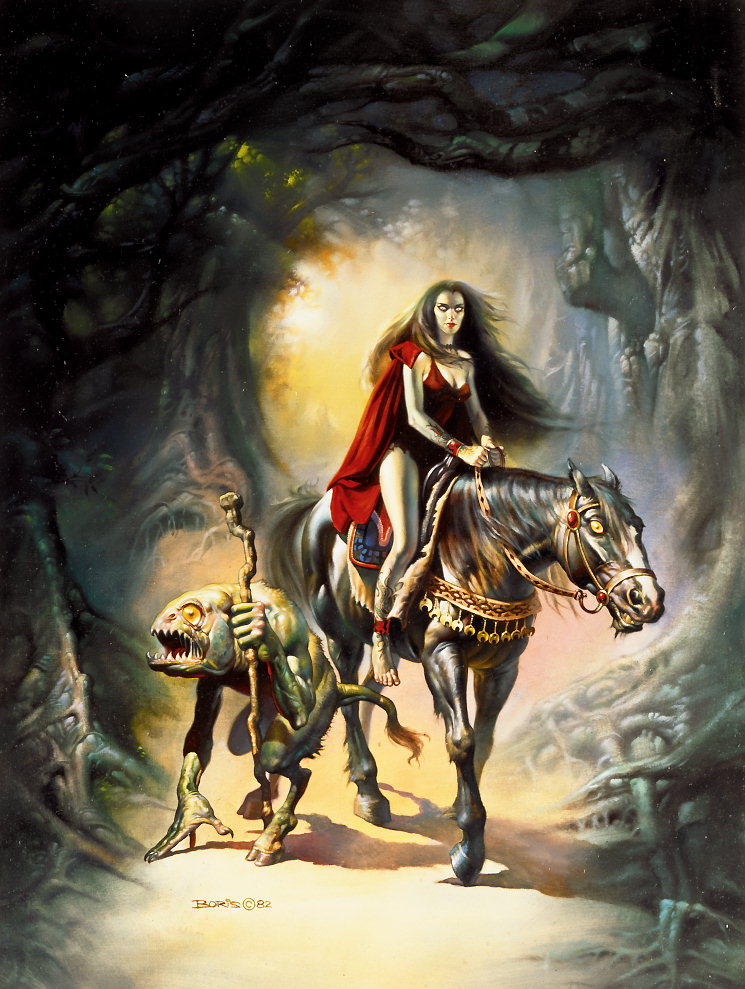 Mädchen auf dem Pferd, begleitet von einem Monster