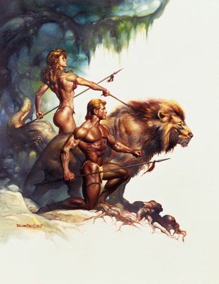 En mann og en kvinne med en løve
