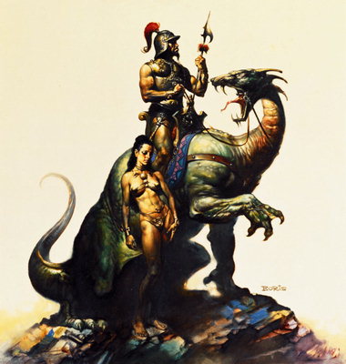 En kriger i lats med spyd i hånden riding on the Dragon