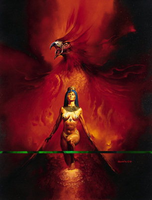 The girl in red shawls against the backdrop of a fiery bird