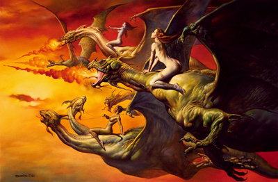 O voo de vermello-alaranjado nuvens sobre os dragões