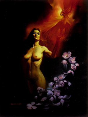 Garota sobre fundo escuro e no ramo flores lilás