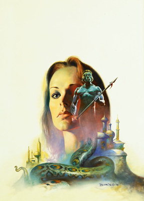 Az ember-kígyó egy lándzsa a kezükben a háttérben a női portré