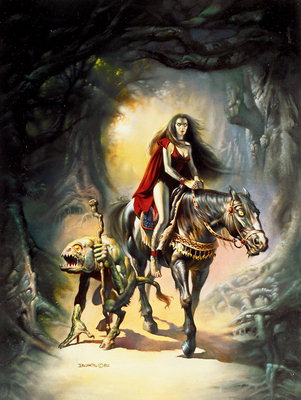 लड़की घोड़े की पीठ पर, एक राक्षस के साथ