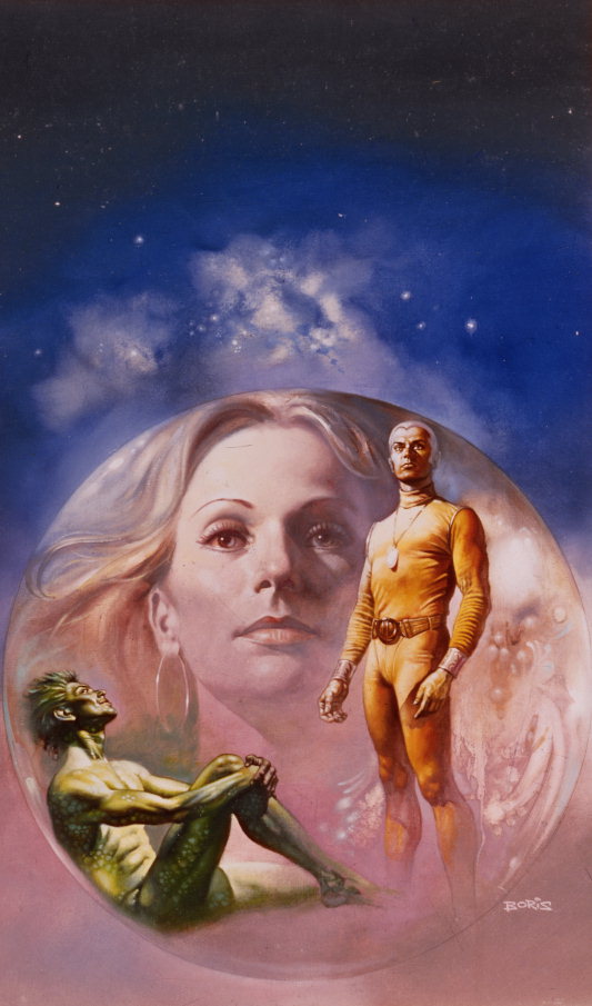 Et maleri av en stjerne mann, kaptein på romskipet og portrettet av kvinnen