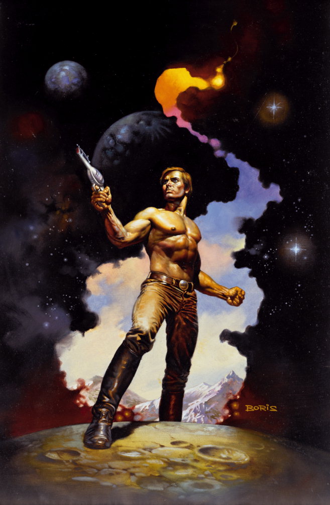Muž s nahou trupu a pištoľou v ruke. Planéty a sneh v horách v pozadí