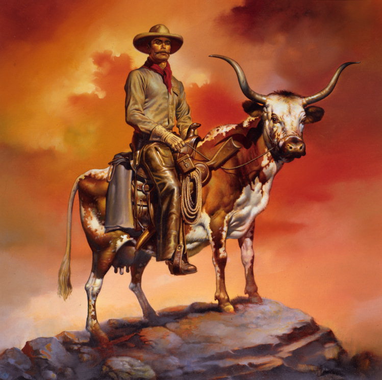 Cowboy with lasso riding on the arms and horned cow