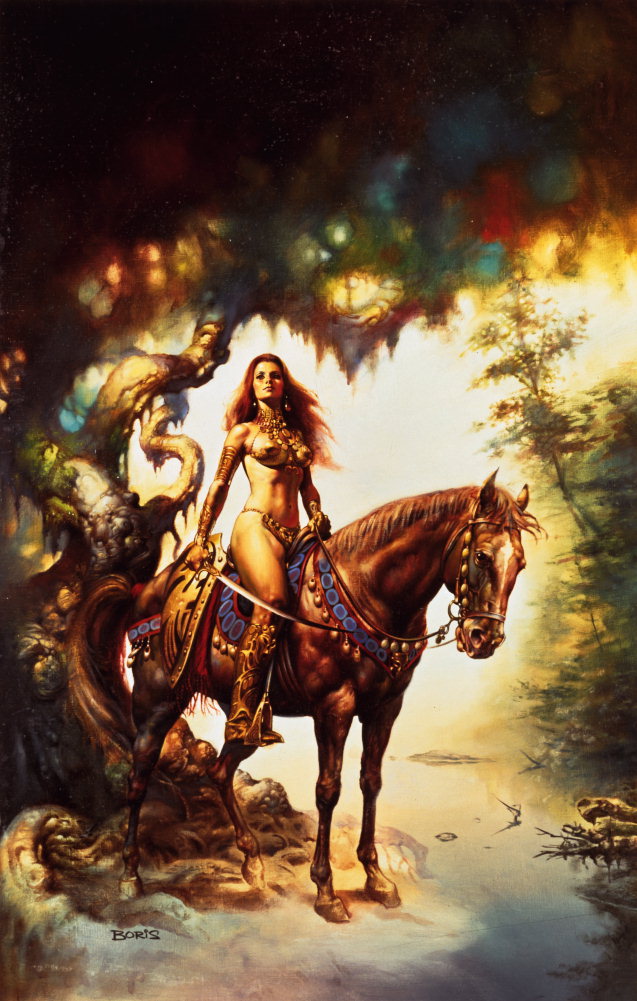 Rapaza a cabalo preto dunha árbore con ramos ondulado. A luz solar a través de sucursais