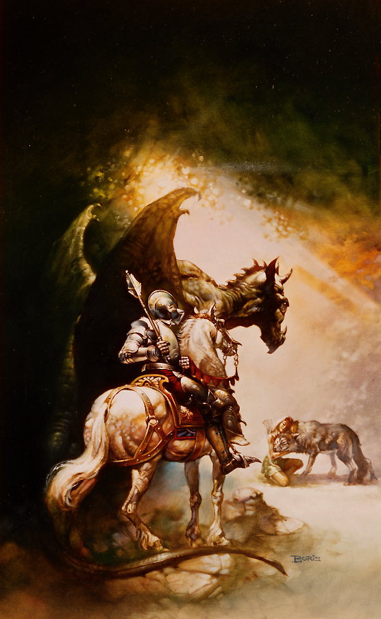 Rider, acompañado por un Dragón entre os ramos groso