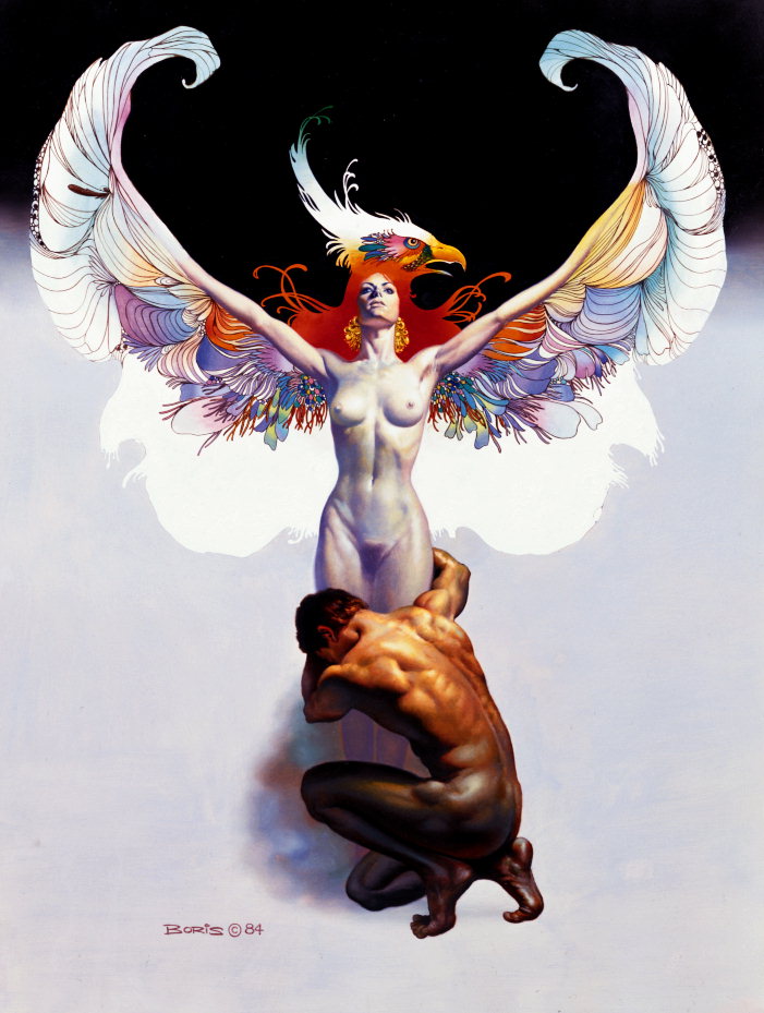 Egy ember, közel a szobor egy nőt szárnyas színes csírarügy