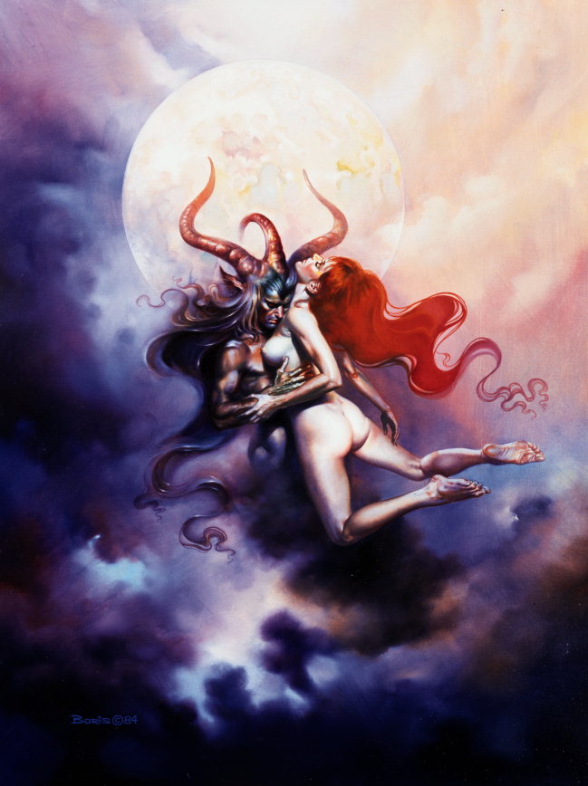Een meisje met een lange vlam-rode haren in de omhelzing van een demon