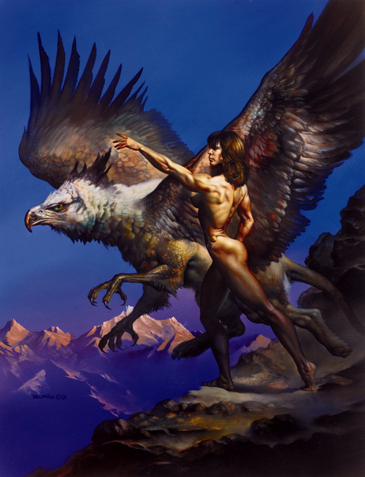 Girl with griffins on a mountain ridge