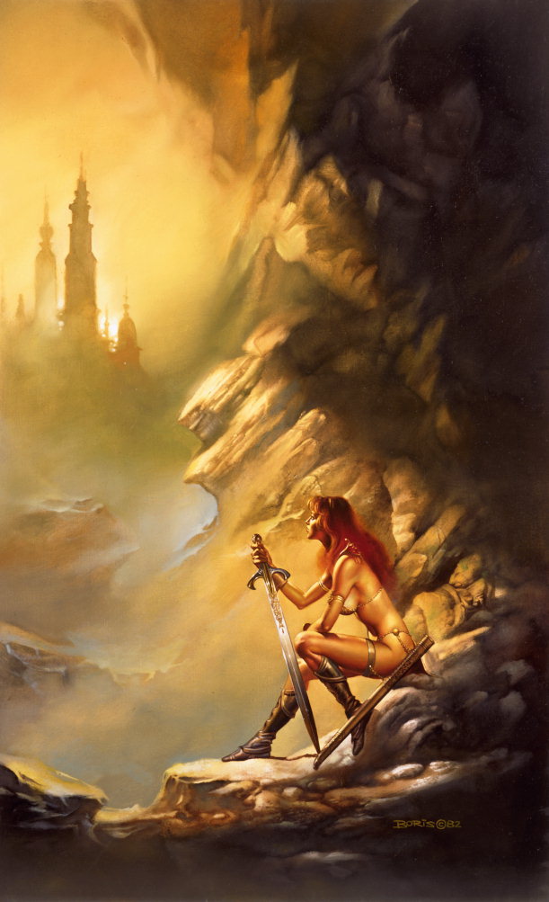 A girl with mõõgaga sissepääsu juures koobas