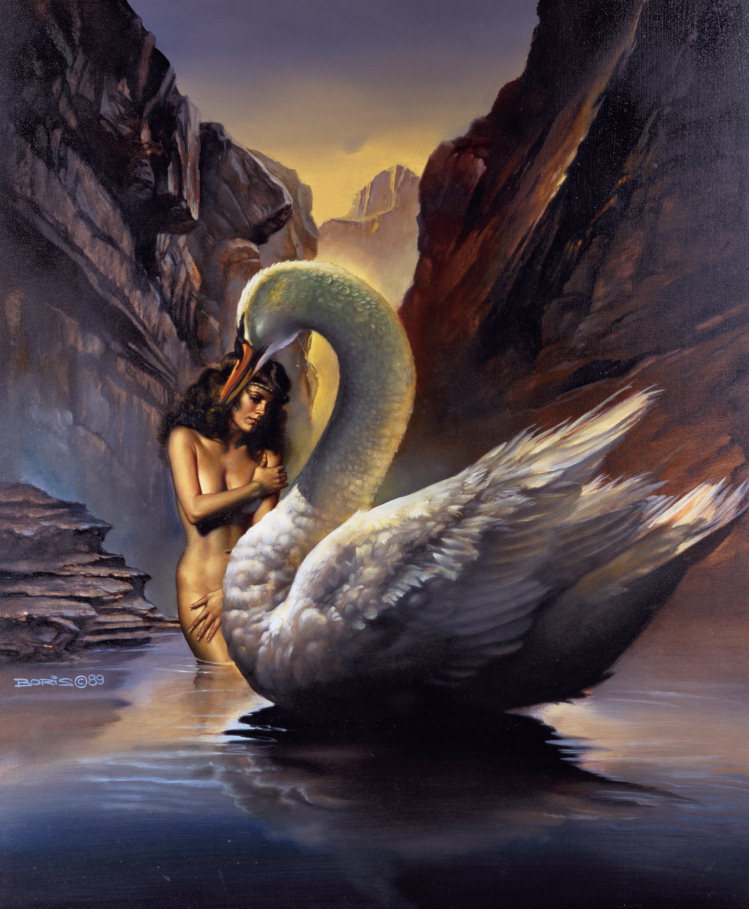 Swan og pigen i floddalen blandt klipperne