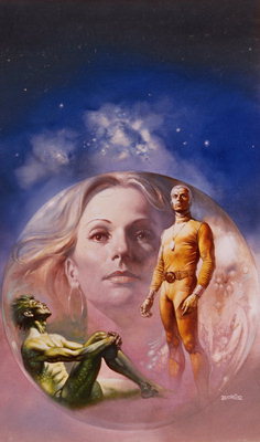 Een schilderij van een ster man, kapitein van het ruimteschip en het portret van vrouw