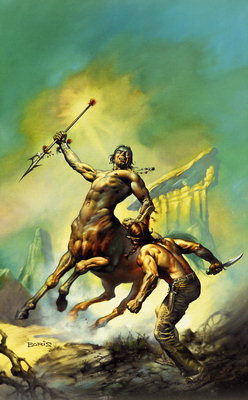 Minotaur z kopljem v svoje roke proti luči oblačno nebo