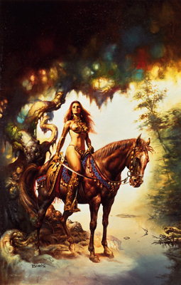 Girl on horseback near a tree with branches undulate. The sunlight through the branches