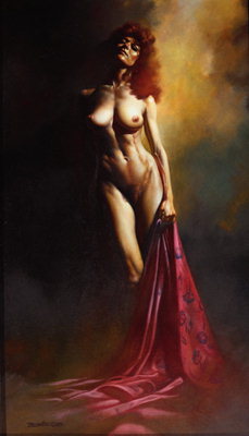 Обнаженная женщина с бархатным покрывалом малинового цвета в руках