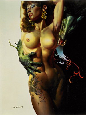 Dívka s drakem vzorem na stehně v objetí s pangolin