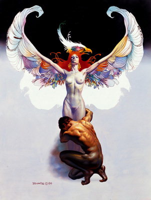 Un home preto da estatua dunha muller con asas coloreada con plúmula