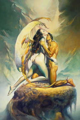 Ένας άνδρας και μια γυναίκα με ωχρό δέρμα με πολύχρωμα φτερά