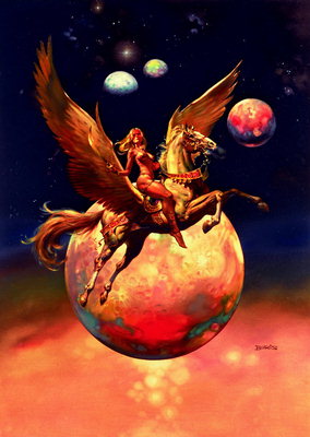 Ta dívka na Pegasus na pozadí vesmíru