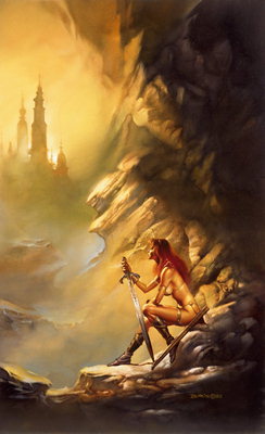 गुफा के द्वार पर एक तलवार के साथ एक लड़की
