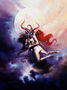 Девушка с длинными огненно-рыжими волосами в объятиях демона