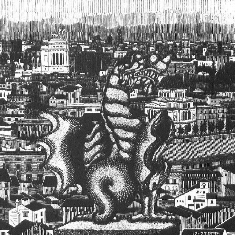Şehrin ortasında bir ejderha ve heykel