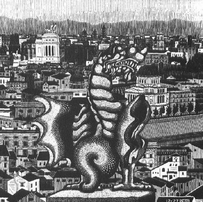 La estatua de un dragón en el centro de la ciudad